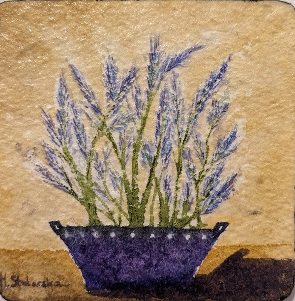 Coaster Art: Lavender. Varnished watercolour (MS28)