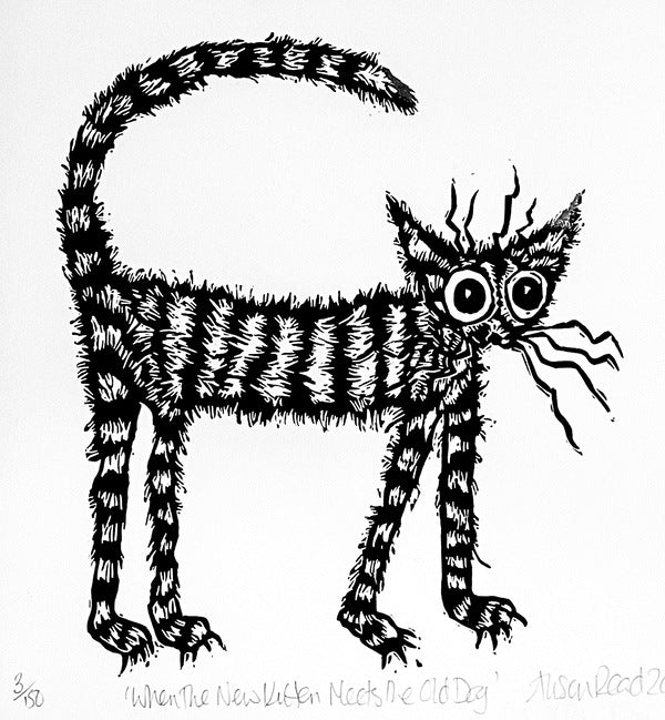 When the New Kitten Meets the Old Dog. Linocut Print 3/150 (AR98)