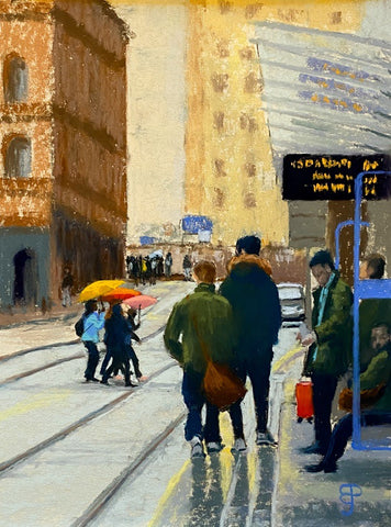 Hurrying to wait for the Tram at Grand Central. Pastel Painting, Framed (BP14)