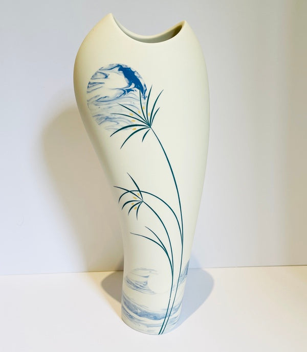 Tall White Porcelain Vase with Blue Moon & grasses inlay 1 (SD01)