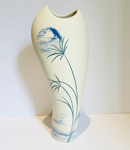 Tall White Porcelain Vase with Blue Moon & grasses inlay 1 (SD01)