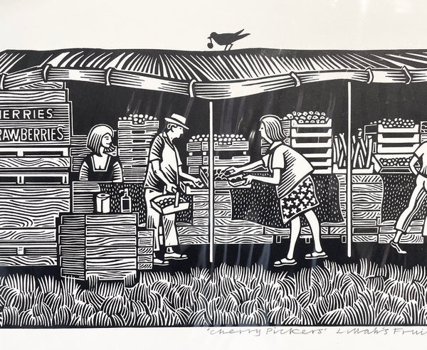 Cherry Pickers. Linocut Print a/p (HR10)