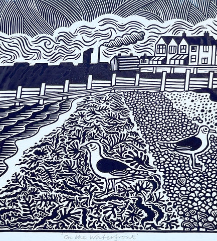 On the Waterfront. Linocut Print a/p (HR05)