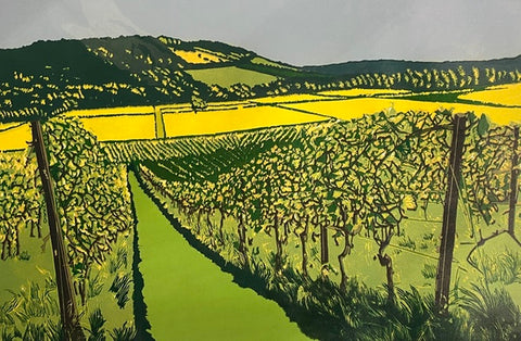 Box Hill, View from Denbies. Reduction Linoprint a/p (JJ13)