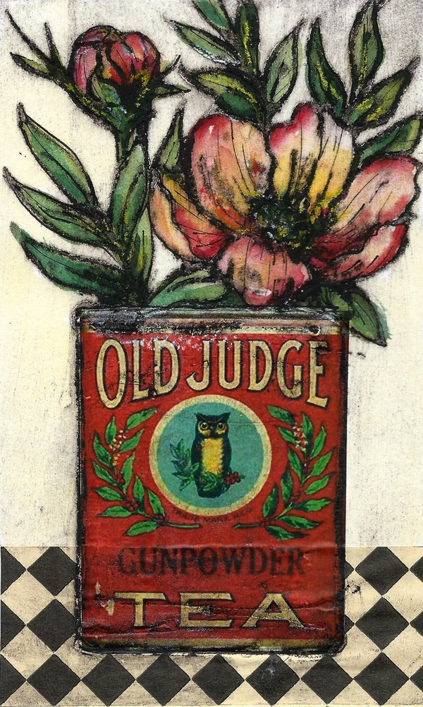Tin of Peonies. Collagraph Print 23/30. Framed (VO96)