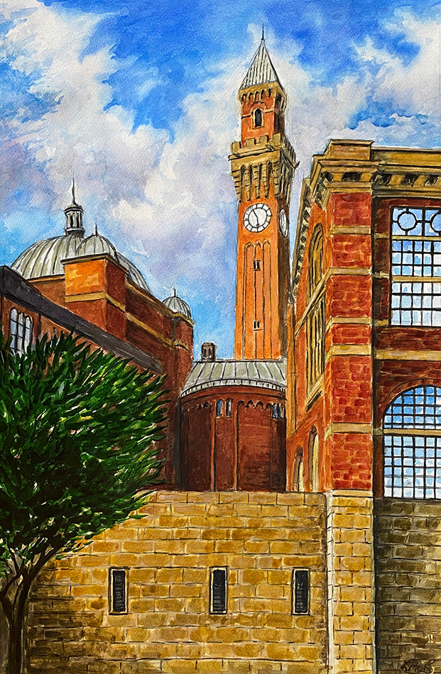 University 0f Birmingham, Early Evening. Watercolour Painting (RR18)