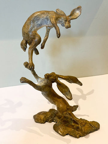 Leaping Hares I. Medium Solid Bronze Sculpture (LF05)