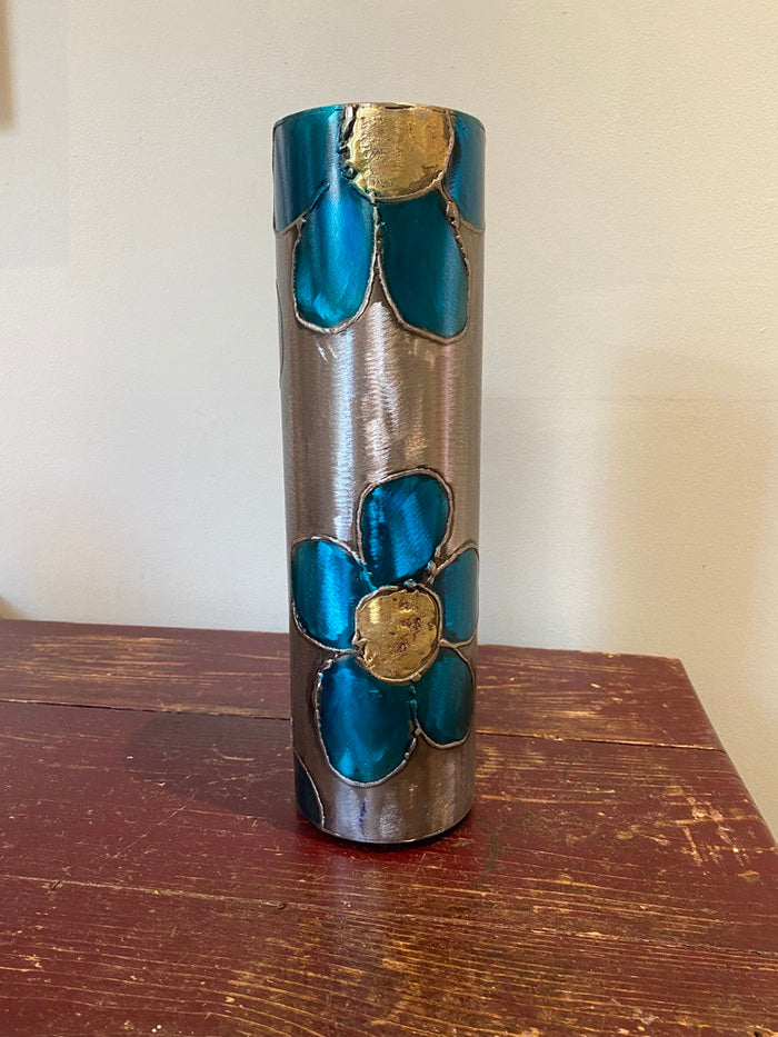 Metalwork Tube Vase (Blue Flowers)