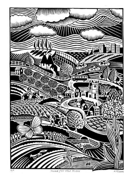 Head for the Hills. Linocut Print 12/50 FRAMED (HR03)