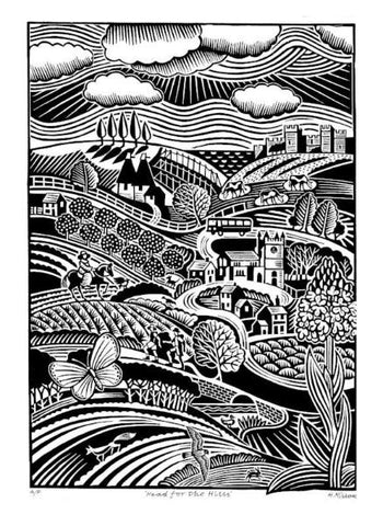 Head for the Hills. Linocut Print 12/50 FRAMED (HR03)