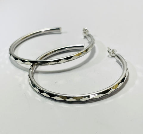 Large Silver Hoop earrings, Beveled (PG07)