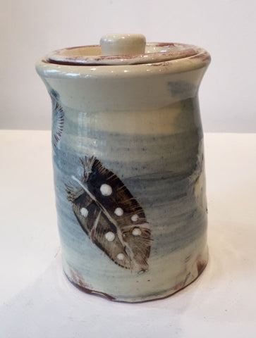 Small Lidded Jar with Feathers