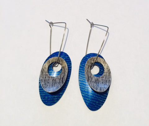 Blue and Black Linen Futures Double Oval Earrings