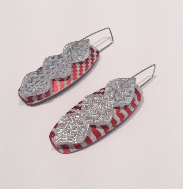 Red Striped Oval Waterfall Earrings