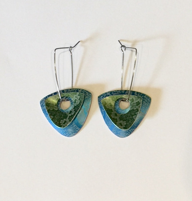 Blue & Green Linen Futures Double Triangle Earrings