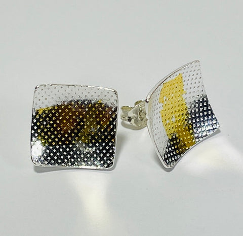 Silver Square stud earrings with 24ct gold foil (FH44)