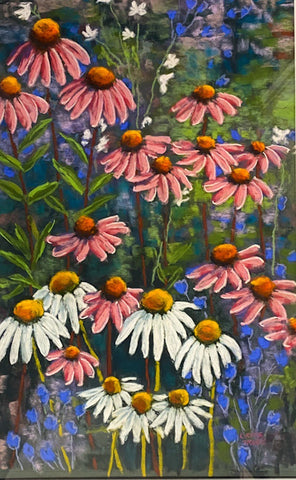 Echinacea and Daisy. PASTEL painting (KT04)