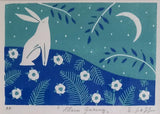 Moon Gazing a/p. Linoprint, Handpainted Frame(GL30)