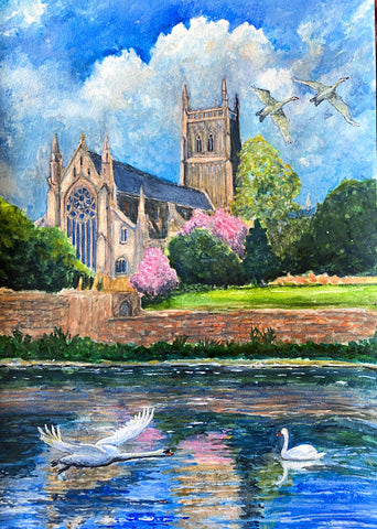Worcester Cathedral, Swans and Blossom  (RR22)