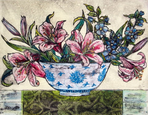 Bowl of Lilies, Collagraph Print 20/20. Framed (VO87)