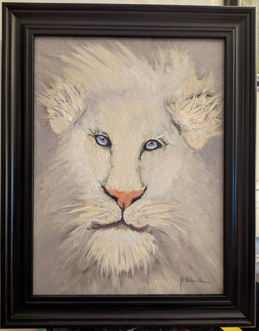 White Lion, Oil on Board, Framed (MS24)