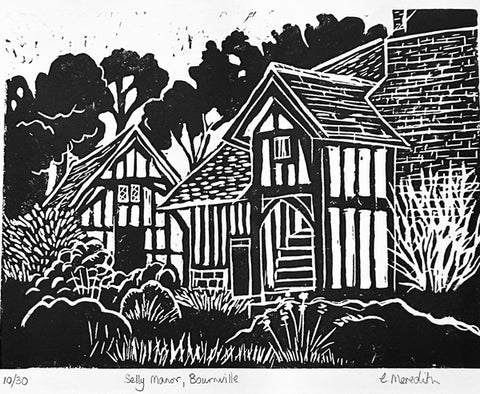 Selly Manor 10/30. Linoprint; FRAMED (CM37)