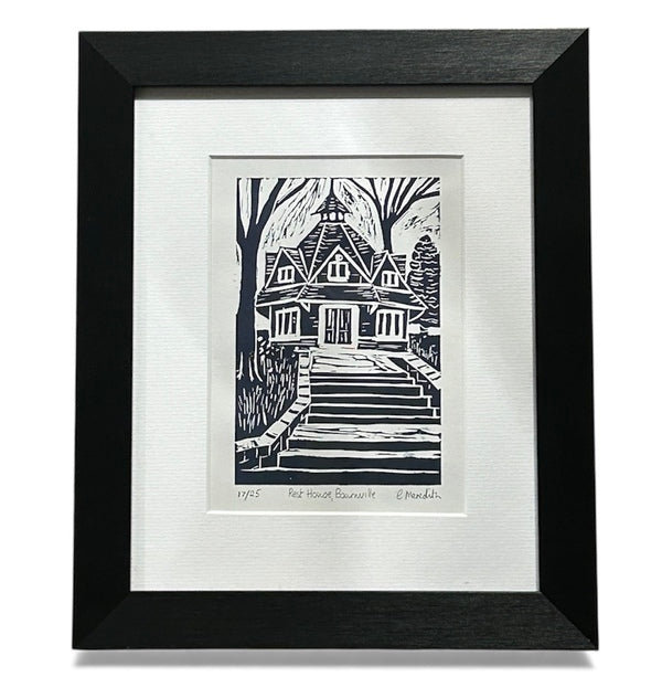 Rest House 17/25. Linoprint; FRAMED (CM38)