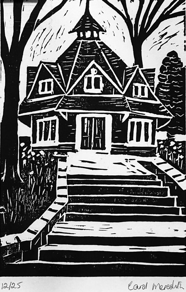 Rest House 12/25. Linoprint (CM38)