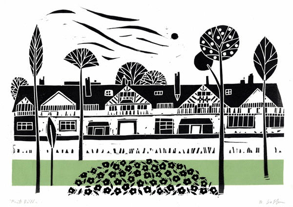 First Row, Bournville. Linocut, open ed Green (GL505)