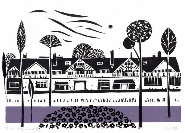 First Row, Bournville. Linocut, open ed Purple 1 (GL505)