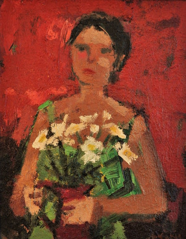 Girl Holding Jug of Flowers. Oil on Canvas (AY14)