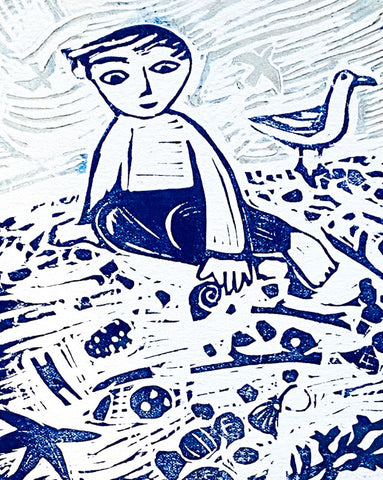 First on the Windy Beach, Linocut Print 17/30 (EB24)