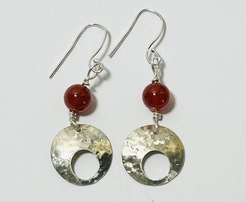 Silver & Carnelian Holey Hook Earrings (FH59)