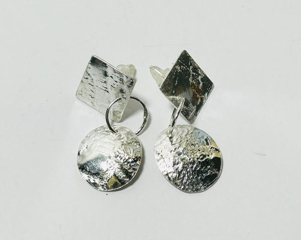 Silver Circle & Square textured Stud Earrings (FH65)