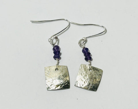 Silver & 2 Amethyst Square Hook Earrings (FH57)