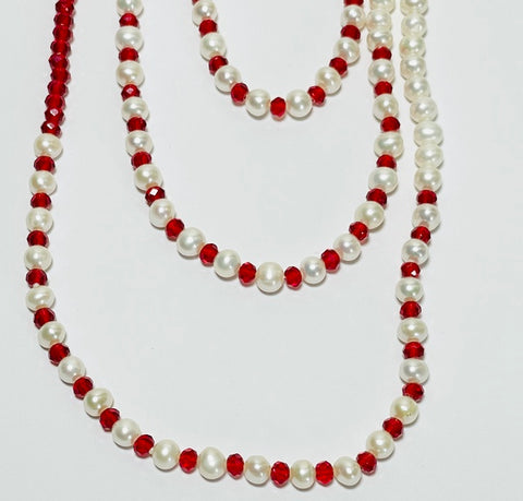 Pearls & Red beads Long Necklace (PO17)
