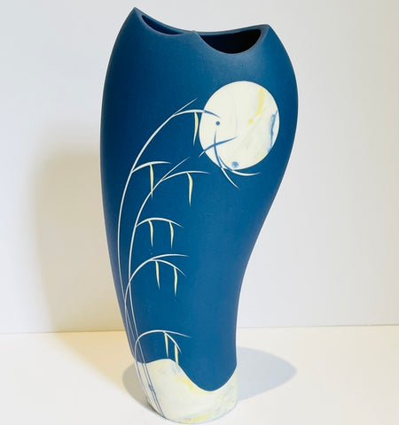 Medium Blue Porcelain Vase with Moon and Grasses inlay 2(SD26)