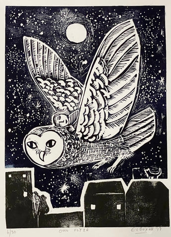 Owl Flyer, Linocut Print 6/30(EB17)