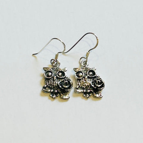 Owl with Rose Silver Hook Earrings (PGE)