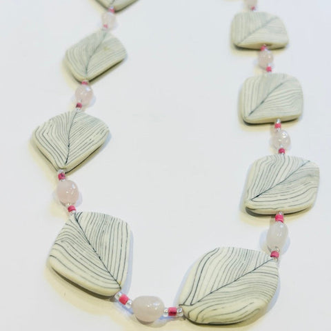 Sumi Leaf Ceramic & Rose Quartz Necklace (CM15)