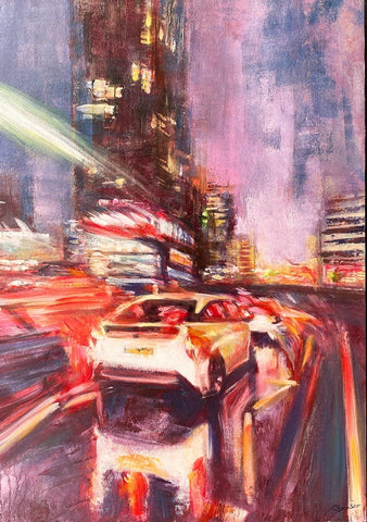 Wet Rush Hour. Oil Painting, Framed (JS12)