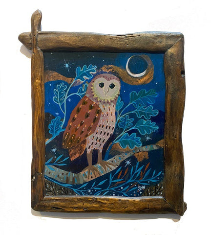 Owl and the Moon. Mixed Media Painting (SW26)