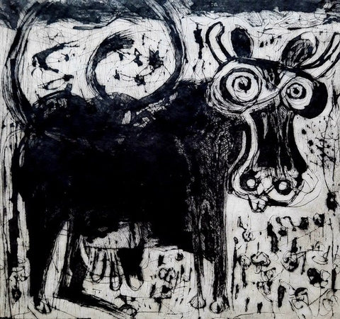 Silly Cow ed 3/15. Drypoint Print, Framed (AY07)
