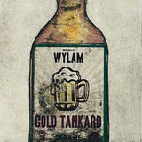 Artistic depiction of a bottle labeled 'Wylam Gold Tankard' with blue flowers on a textured background.