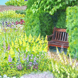 Garden scene with a wooden bench, flowers, and greenery
