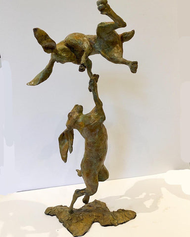 Leaping Hares. Large Solid Bronze Sculpture (LF12)
