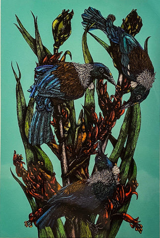 Three Tuis and Flax I, Giclee Print (RM02)