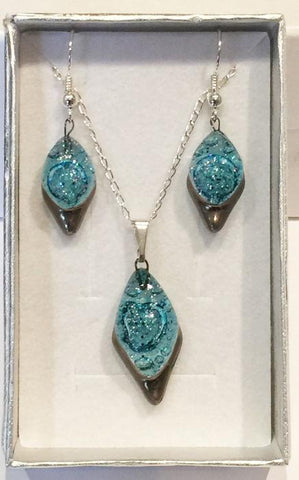 Turquoise Platinum Glitter Drop Pendant & Earrings Set (A165)