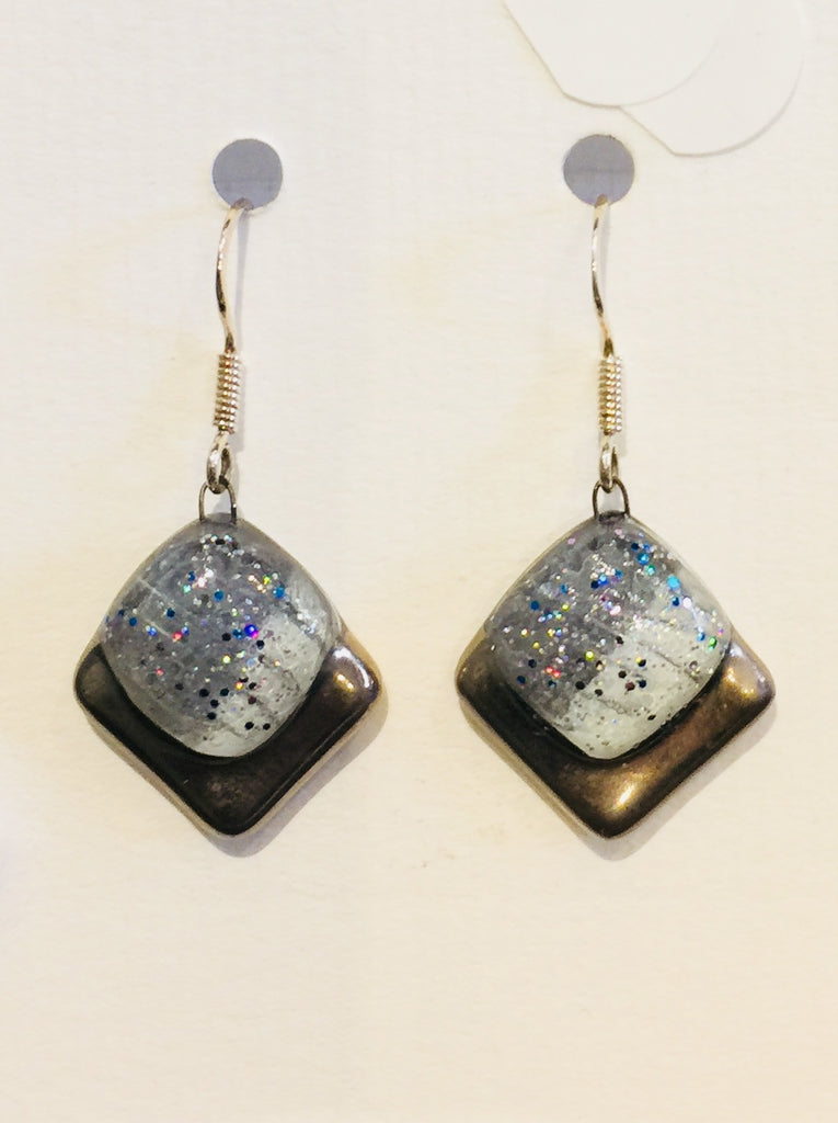 Grey Square Glitter Earrings (A197)