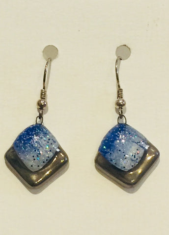 Blue Square Glitter Earrings (A190)